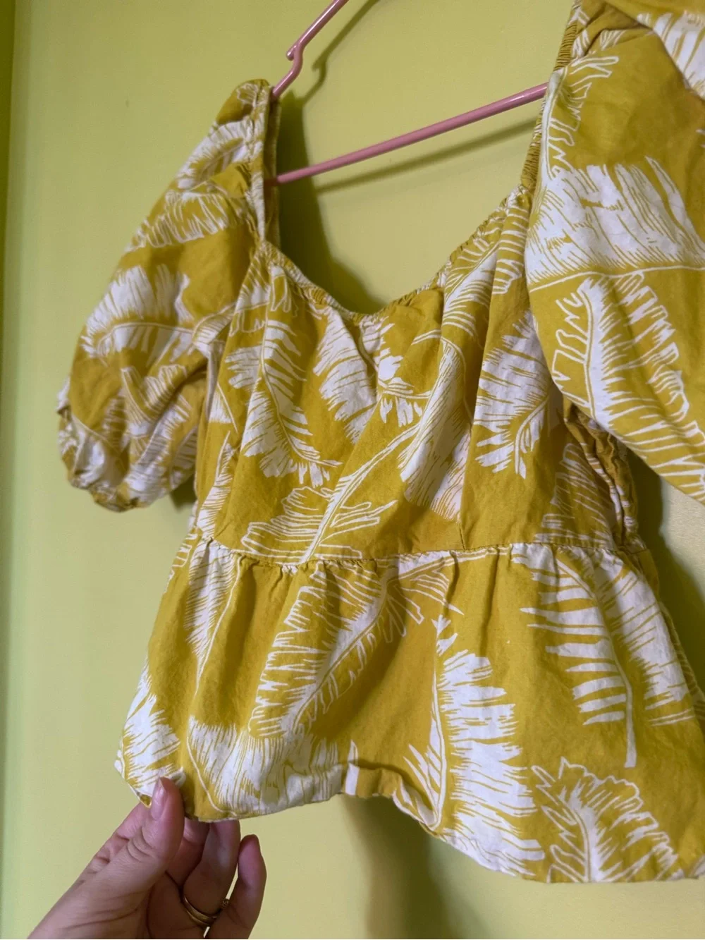 Smocked Puff Sleeve Peplum Top - yellow Leaf Print